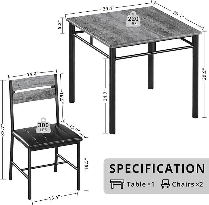 IRONCK Dining Table Set for 2, Small Kitchen Table with Upholstered Chairs for Kitchen & Dining Room, Compact Dining Set for Small Spaces, Gray