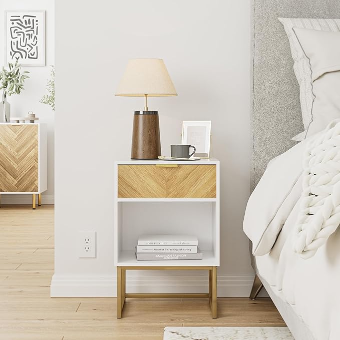 Masupu Nightstand,Modern Night Stand Boho Farmhouse Wood Bedside Table with Storage Drawer Side End Table for Bedroom,Living Room,Office,White