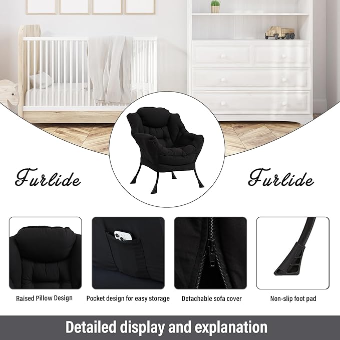 Modern Lazy Chair with Folding Footrest, Lounge Accent & Comfortable Reading Chair (Black)