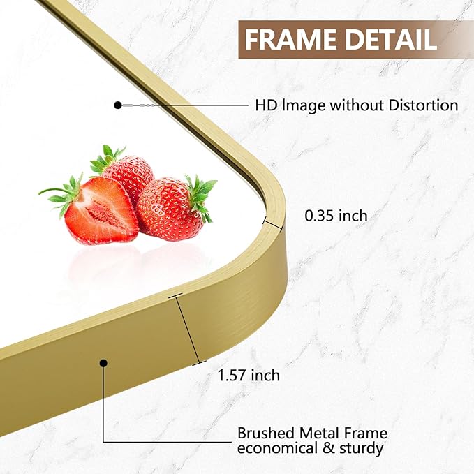26x38 Inch Gold Mirror, Framed Rectangle Mirror with Rounded Corner, Brushed Brass Mirror, Gold Bathroom Mirror for Over Sink, Vanity, Living Room, Bedroom, Horizontal/Vertical