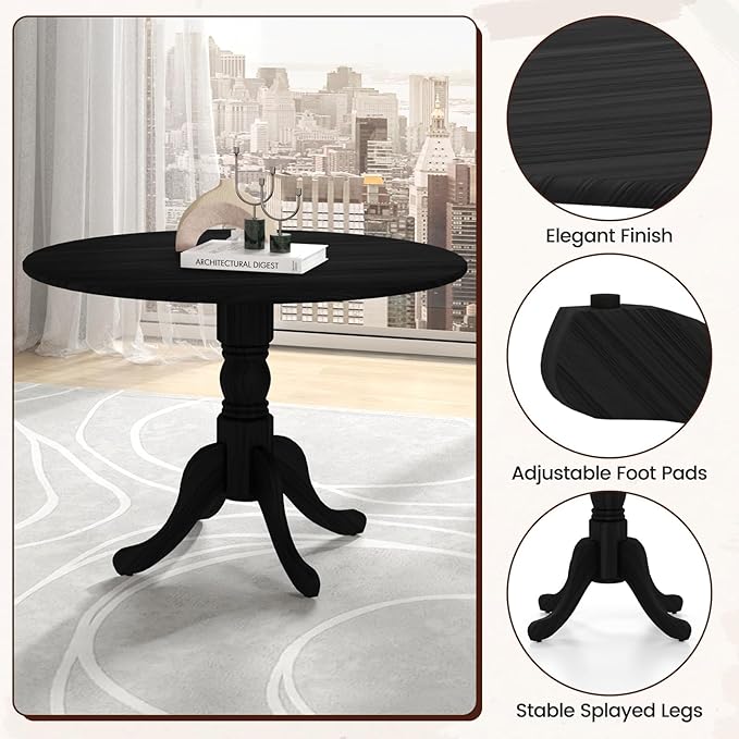 COSTWAY Round Dining Table for 4, 39 inch Kitchen Table with Solid Rubber Wood Frame, Adjustable Foot Pads, Curved Trestle Legs, Mid Century Rustic Dinning Table for Living Room, Black