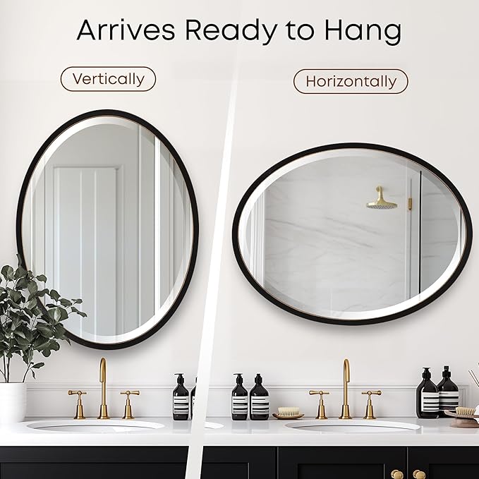 OVALCREST - Oval Wooden Beveled Wall Mirror for Home Decor, Bathroom, Vanity, Bedroom, Living Room, Hallway - London Style (Rubbed Black) 13.1 x 17.1