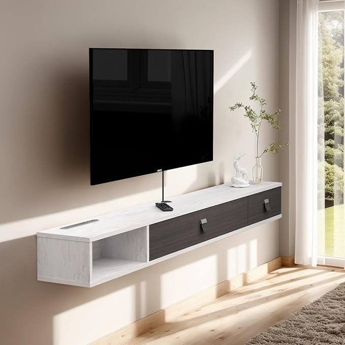 Pmnianhua Floating TV Shelf,63'' Wall Mounted Floating TV Stand,Floating Media Console,Wall TV Console,Under TV Entertainment Shelf with 2 Doors for TVs up to 70''(Greyish-White)