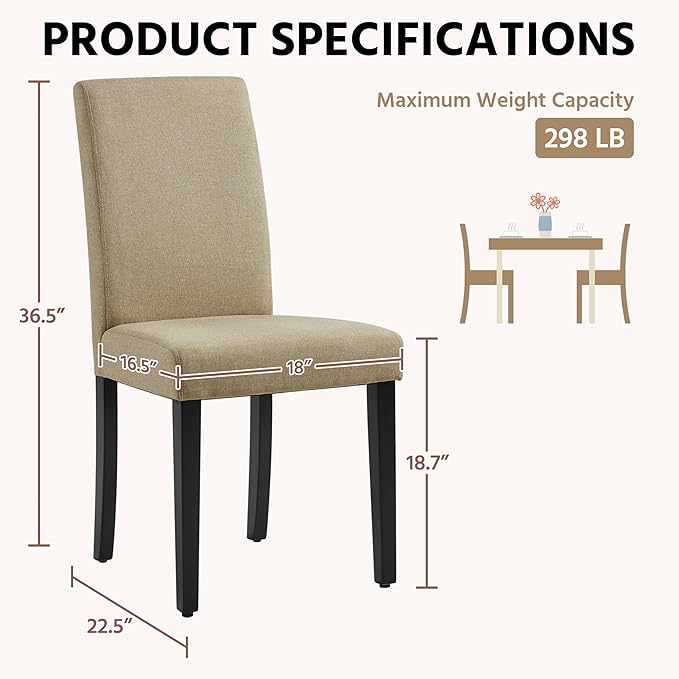 Yaheetech Dining Chairs Set of 4 Fabric Parson Upholstered Kitchen Chairs with Padded Seat and Solid Wood Legs for Dining Room/Restaurant, Armless Design, Khaki