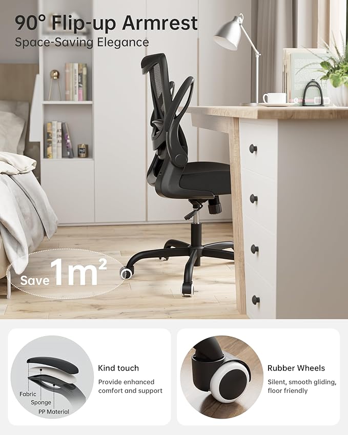 Office Chair, Ergonomic Desk Chair with Adjustable Lumbar Support and Flip up Armrest, Breathable Mesh Computer Chair for Home Office, Black