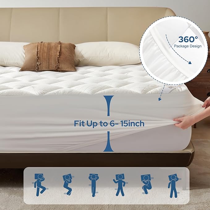 BEDLORE Full Mattress Topper, Viscose Made from Bamboo Soft Pillow Top Mattress Pad, Thick Mattress Cover for Back Pain Relief with 6-15 inches Deep Pocket
