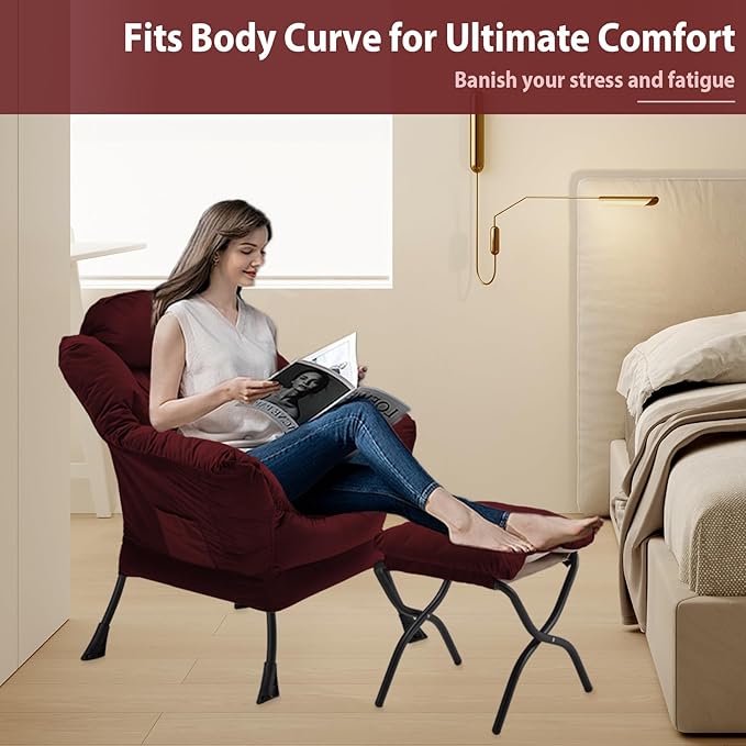 Lazy Chair with Folding Ottoman, Accent Chair Velvet Upholstered with Metal Structure and Non-Slip Pads, Sofa Armchair with Footrest and Side Storage Bag for Dorm, Room, Office, Burgundy