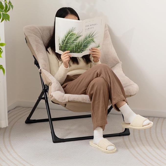 HollyHOME X-Large Saucer Chair, Comfy Oversized Folding Chair, Faux-Fur Reading Chair for Teens, Adults, Foldable Accent Lazy Chair, Metal Lounge Chair for Living Room, Bedroom, Dorm, Light Khaki