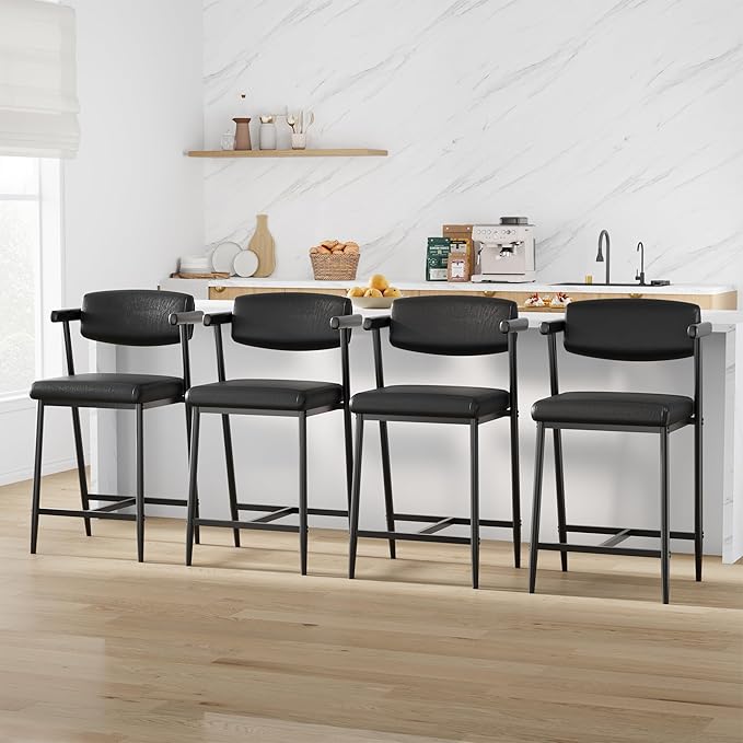 GarveeHome Counter Height Bar Stools of 4 with Armrests, 4 Piece Counter Height Bar Stools Set with Wood Back, Upholstered Seat & Metal Footrest for Kitchen Islands, Counter Bars, Retro Black