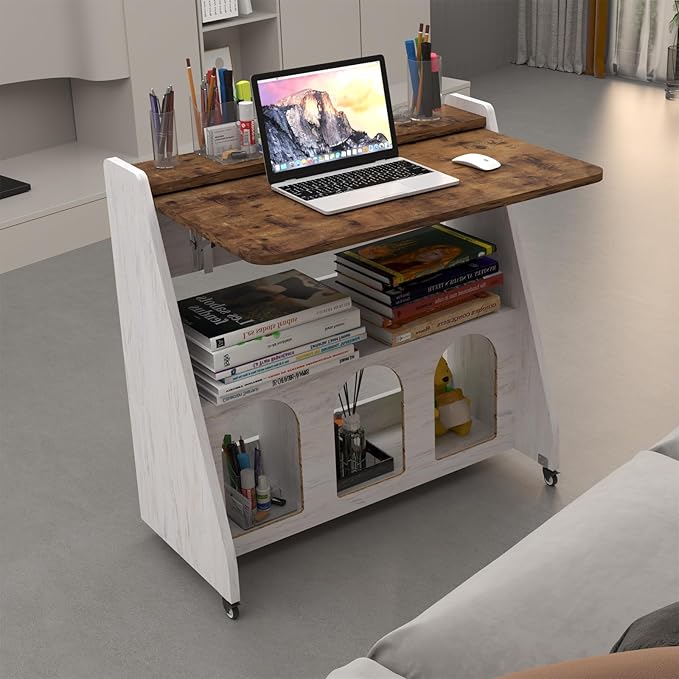 Pmnianhua Home Office Desk with Wheels,Multipurpose Mobile Workstation,Rolling Computer Writing Desk with 4 Lockable Wheels and Storage(Rustic Brown)