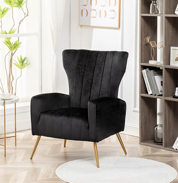 Container Furniture Direct Modern Velvet Accent Chair, Channel Tufted Bedroom, Office or Living Room Furniture with Elegant Metal Legs, 26" Wide Armchair, Black