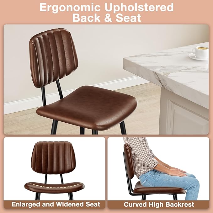 24-Inch Leather Bar Stools Set of 3, Counter Height Barstools with High Backrest，Bar Chairs for Kitchen Island with Heavy Duty Metal Legs, Dark Brown