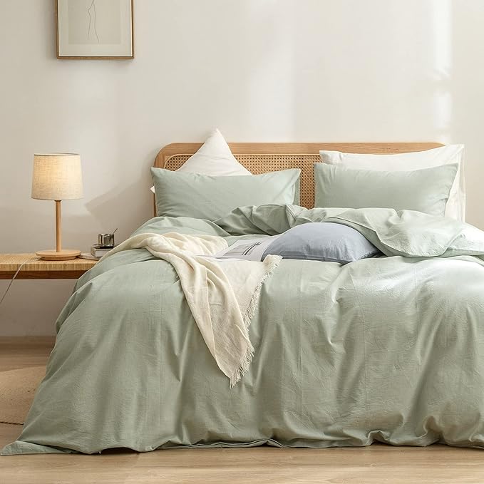 BESTOUCH Duvet Cover Set 100% Washed Cotton Linen Feel Super Soft Comfortable Chic Lightweight 2 PCs Home Bedding Set Solid Sage Green Twin/Twin XL