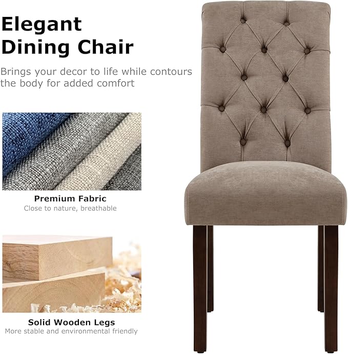 COLAMY Button Tufted Dining Chairs Set of 6, Parsons Upholstered Fabric Dining Room Chairs Kitchen Chairs with Wood Legs and Padded Seat, Taupe