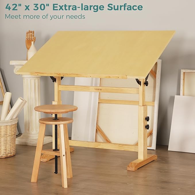 VISWIN Wood Drafting Table for Adults, 30" X 42" Extra-Large Drawing Table with Adjustable Height & Angle for Art Studio, Solid Pine Wood Artist Desk for Drawing, Drafting, Writing, Reading