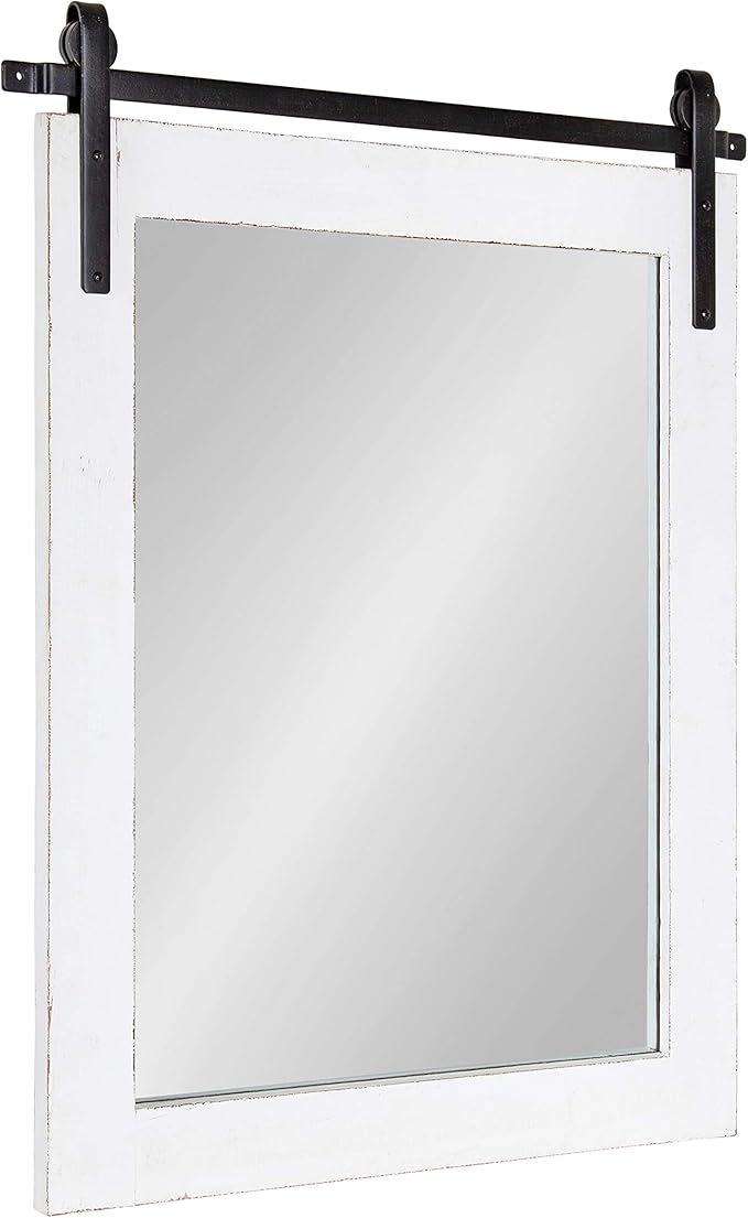 Kate and Laurel Cates Rustic Wall Mirror, 22" x 30", Coastal White, Farmhouse Barn Door-Inspired Wall Decor