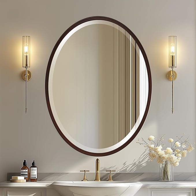 OVALCREST - Oval Wooden Beveled Wall Mirror for Home Decor, Bathroom, Vanity, Bedroom, Living Room, Hallway - London Style (Black Walnut) 21.1 x 25.1