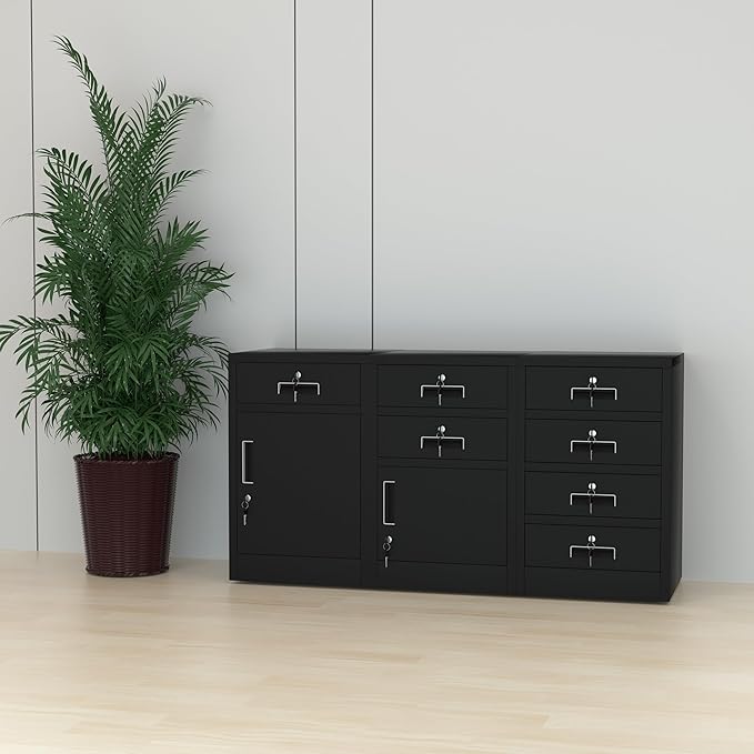 Metal Storage Cabinet with Locking Door and 2 Lockable Drawers for Home Office Bedroom Living Room (Black)