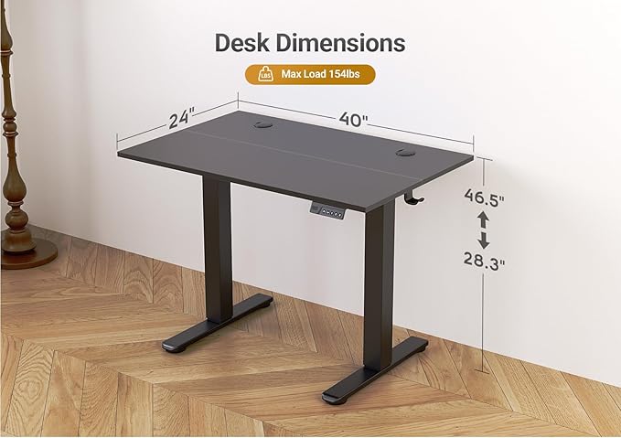 Seang Electric Standing Desk Adjustable Height, 40 x 24 Inch Sit Stand Desk with T-Shaped Frame, 3 Memory Presets & Cable Management for Home Office Computer Workstation, Black Frame/Black Top