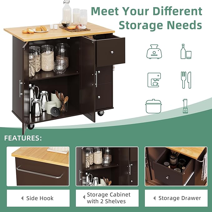 Shintenchi Rolling Kitchen Island Cart with Folding Drop Leaf Breakfast Bar, Portable Trolley Island with Large Storage Cabinet, Shelf and Drawer, Brown