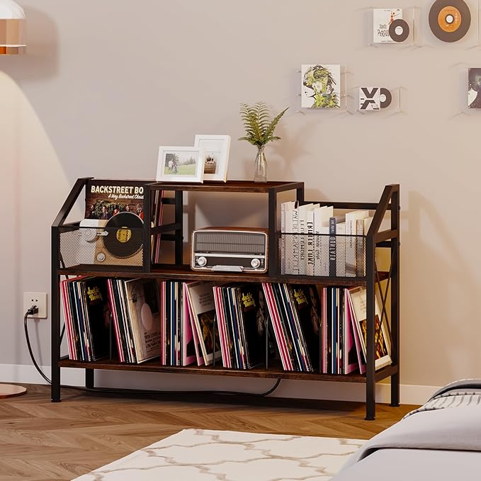 Homeiju Record Player Stand Holds up to 500 Albums,Turntable Stand with Vinyl Record Player Storage Cabinet,Large Record Player Table Vinyl Album Storage（Patent Pending）