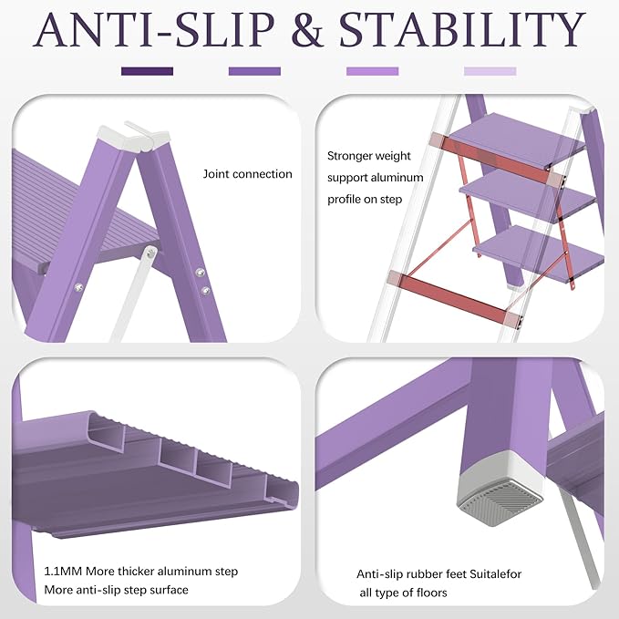 2 Step Lightweight Folding Ladder for Home, 330lbs Aluminum Step Ladder Anti-Slip for Kitchen, Step Stool Foldable Adults for Closet, 330lbs - Purple