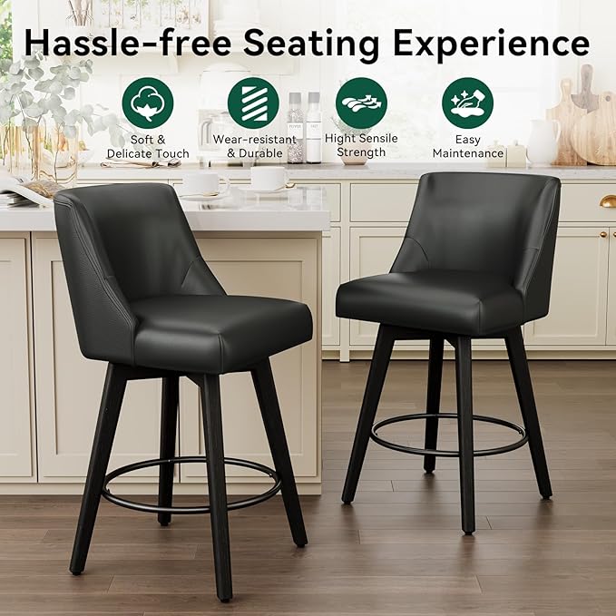 Vipbear Swivel Counter Height Bar Stools Set of 3,26.8" H Counter Stools with Back, Mid Century Modern Bar Stools for Kitchen Island,Faux Leather,Wooden Base, Black