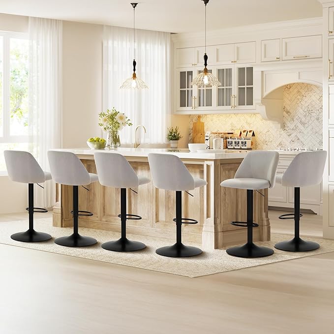 COLAMY Bar Stools Set of 4, Modern Swivel Bar Chairs, Adjustable Upholstered Barstools Counter Height with Full Backrest for Bar, Dining Room, Kitchen Island, Grey