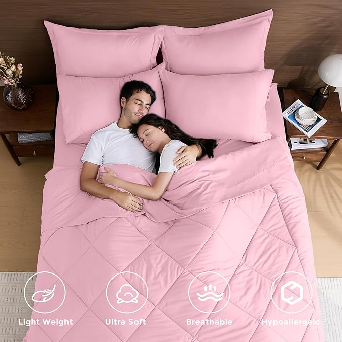 HEVUMYI Pink King Comforter Set - 7-Piece All Season Bed in a Bag King, Ultra Soft Bedding Set with Comforter, Flat Sheet, Fitted Sheet, Pillowcases, Pillow Shams, Pink