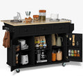 Rovibek Kitchen Island with Drawers 53 in Rolling Island Cart Mobile Solid Wood Portable Islands on Wheels with Storage Cabinet & Drawers, Black