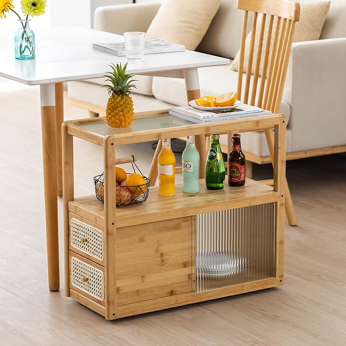 Bamboo Side Table Nightstand with Rattan Drawer & Glass Top – Multi-Function End Table, Nightstands with Storage for Bedroom, Living Room, and Small Spaces, Nature