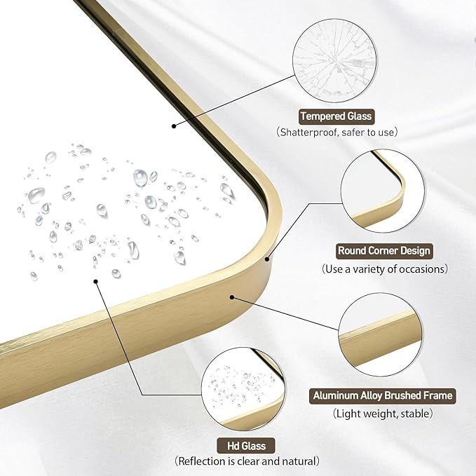 Gold Bathroom Mirror, 24x32 Inch Brushed Gold Mirror, Aluminum Alloy Framed Rectangle Bathroom Mirror for Over Sink, Anti-Rust Wall Mirror (Horizontally or Vertically)