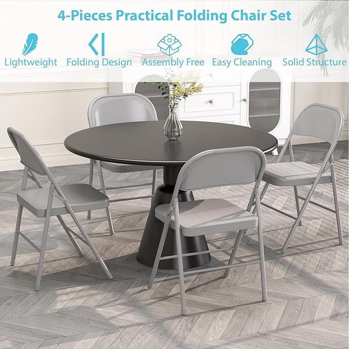 Metal Folding Chairs Steel Frame with Double Hinged for Office Kitchen Dinning Wedding Patio and Garden,No Assembly, Set of 4, Grey