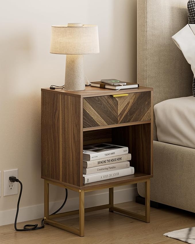 Masupu Extra Large Nightstand with Charging Station,Boho Night Stand Modern Farmhouse Wood Bedside Table with Storage Drawer and Open Shelf,Side End Table for Bedroom,Living Room,Office Brown
