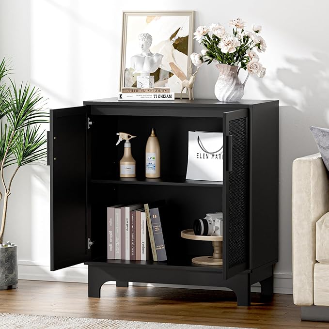Black Rattan Cabinet, Natural Rattan Storage Cabinet with 2 Doors Adjustable Shelf Large Space Entryway Hallway Sideboard Buffet for Living Room Kitchen