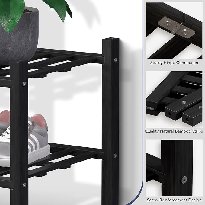 Haddockway Large 2 Tier Bamboo Shoe Rack Storage Organizer, Multifunctional Free Standing Stackable Shoe Shelf with Grid Panel for Closet,Hallway,Entryway,Small Space 27"x12"x14"(Black, 2-Tier(Large))