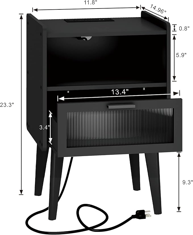 Nightstand with Charging Station, Bedside Tables Set of 2, End Table Side Table with 2 Tiers Storage Space, for Bedroom, Living Room, Black MLBZ07BEV-2