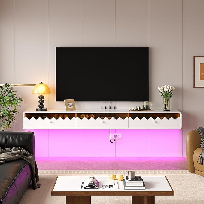 Floating TV Stand, 86IN Fully-Assembled Wall Mounted Wave Glass with Flip-Down Door & Drawers, Modern Media Entertainment Console Under TV Shelf for Livingroom