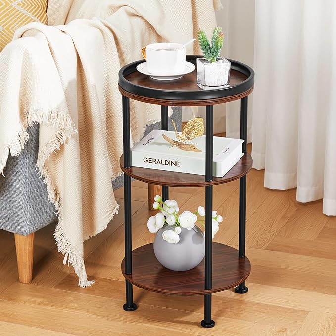 Side Table, Small Round Side Table for Small Spaces, 3-Tier Round Accent Table Slim Side Table, Modern Sofa End Table Corner Table for Living Room Bedroom Nightstand (Classic, Cherry)