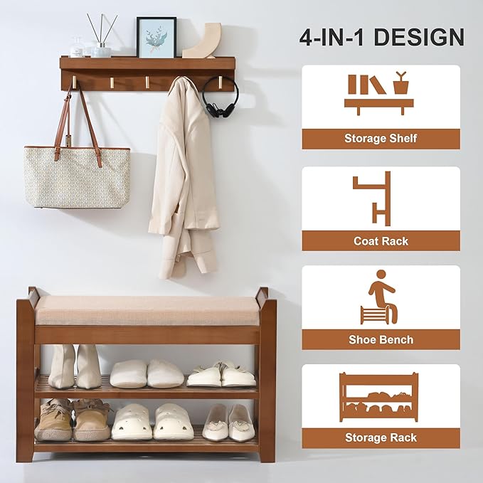 Shoe Rack for Front Door Entrance, 28” Entryway Bench with Coat Rack, Hall Tree Shoe Bench with Storage for Entry, Hallway, Bedroom, Living Room