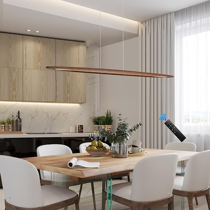 71" Wood Linear Pendant Light Wood Linear Dinning Room Light Island Lights LED Dimmable Chandelier 40w for Dining Room Billiard & Pool Table Walnut Color