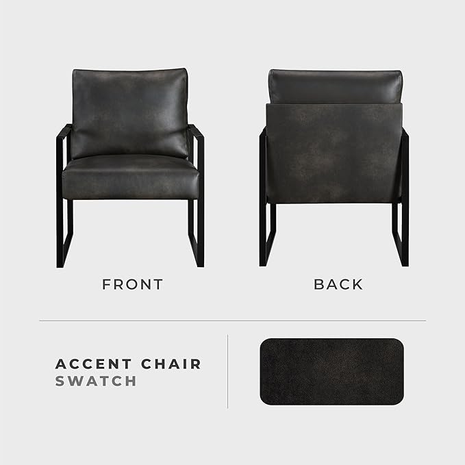 Lexicon Modern Accent Chair, Faux Leather Upholstered Living Room Chair With Wrapped Armrests, Arm Chair With Black Metal Frame,Comfy Single Chair For Living Room/Bedroom/Reading Room/Office,Dark Grey