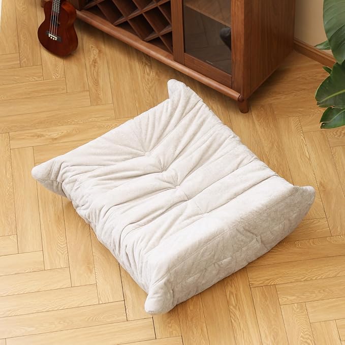N&V Fireside Chair, Mid Century Armless Floor Sofa, Soft Premium Chenille Floor Lounge Chair, Foam Sofa Accent Chair for Living Room Bedroom and Office (White, Ottoman)