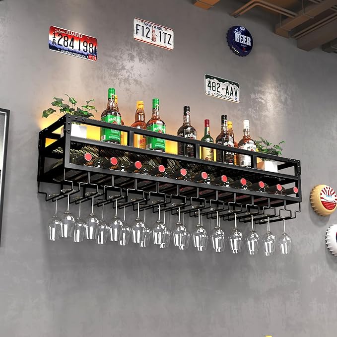Pengfei LED Wine Rack Wall Mounted, Industrial Metal Wall Wine Shelf & Glass Holder, Large Floating Shelves Wine Bottle Storage Display Rack for Home Bar Dining Room Decor
