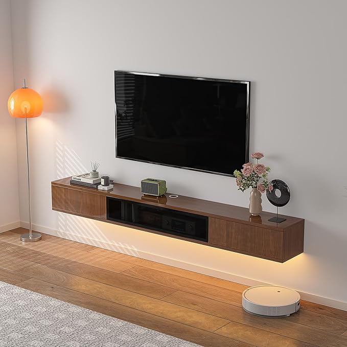 High Gloss Floating TV Stand,55'' Wall Mounted TV Console,Under TV Floating Shelf,Floating TV Cabinet with 3 Doors for Bedroom Living Room(Walnut)