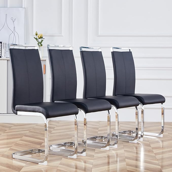 Dining Chairs Set, Kitchen Modern Metal Chairs with Faux Leather Padded Seat High Back and Sturdy Chrome Legs, Chairs for Dining Room (Black, Set of 2)