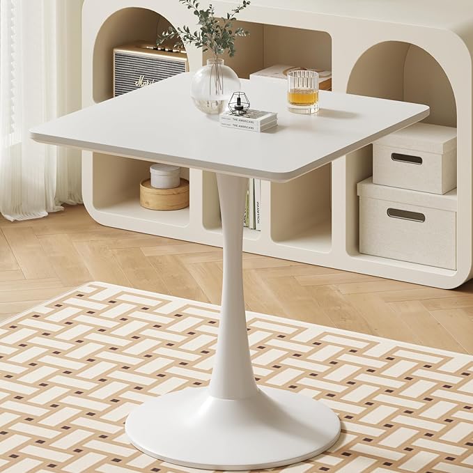 White Square Tulip Table for 2 Person, 24 Inch Small Dining Table with Metal Pedestal Base for Kitchen, Mid Century Modern Table with Round Corners for Living Room, Cafe, Office, Pub, Bar, Bistro