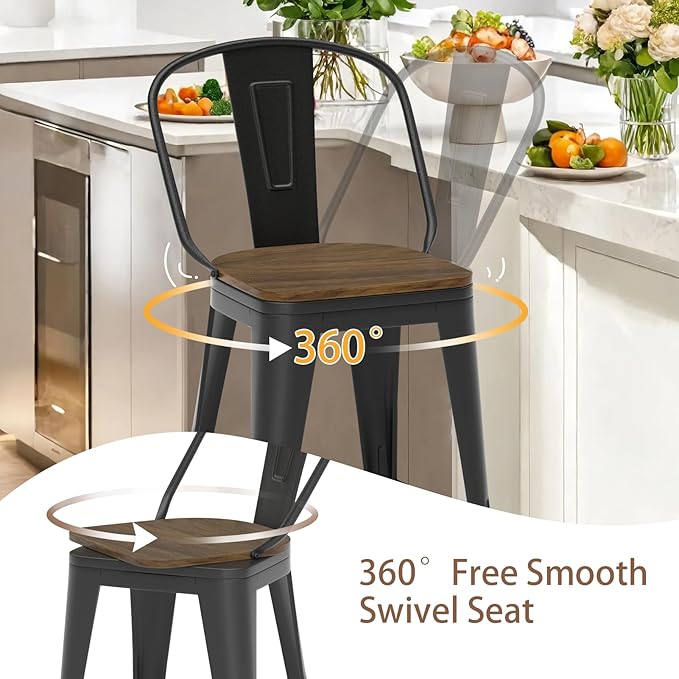 24” Swivel Bar Stools Set of 4, Counter Height Bar Stools Wooden Seat, Metal Industrial Bar Chairs with High Back for Kitchen Island (Black)