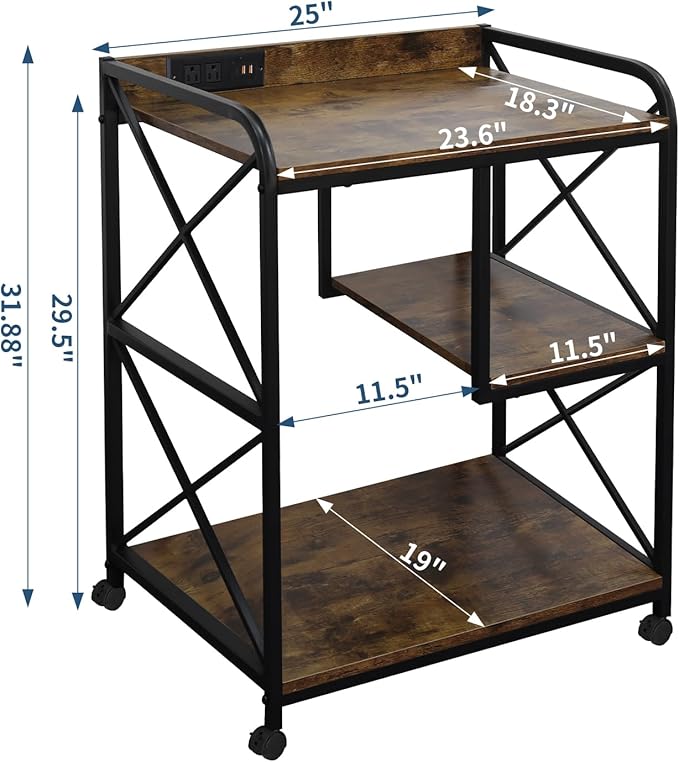 Printer Stand, Printer Table with Storage Shelf for Home Office, 23 x 18 Inch Large Home Printer Stand with Power Outlet USB Port, Printer Cart, PC Tower Stand, Vintage Brown