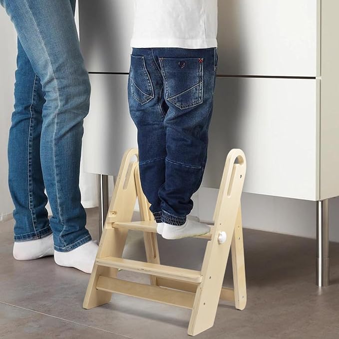 WOOD CITY Step Stool Foldable for Toddlers, Adjustable Kids Step Stool for Bathroom Sink Toilet Potty Training Stool with Handles Child Kitchen Counter Stool Helper Montessori Kitchen Stools
